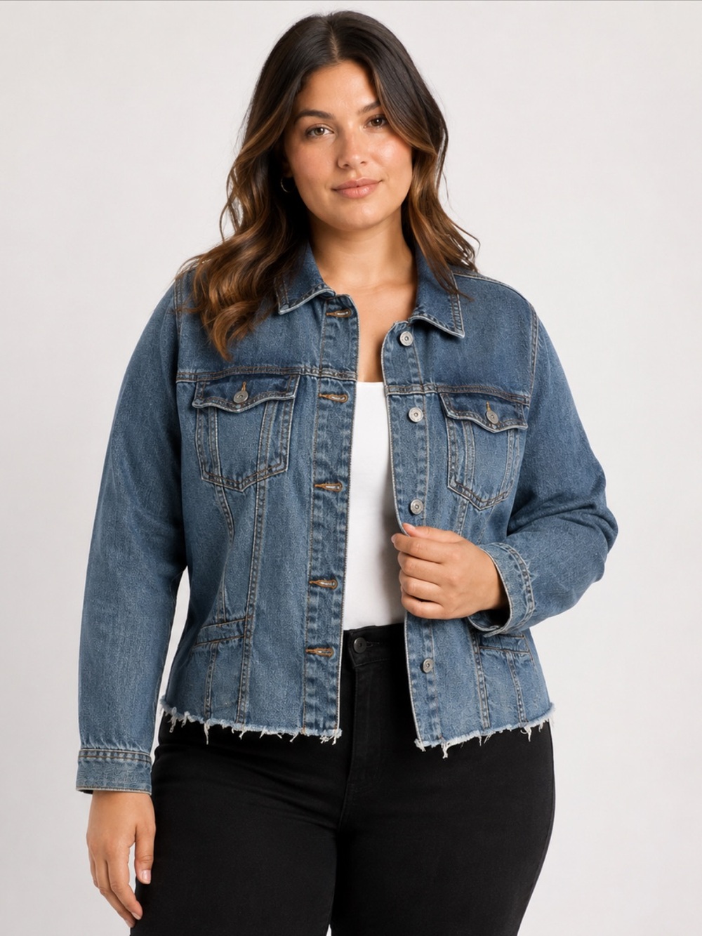 Chico’s Platinum Denim Jacket Frayed Hem Stretch Jean Jacket Cotton - Size 2